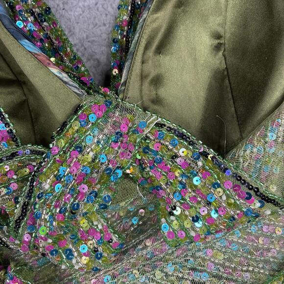 Jovani Women’s 2 Peacock Print Sequin Silk Open Back Halter Long Prom Gown Dress - Picture 6 of 12